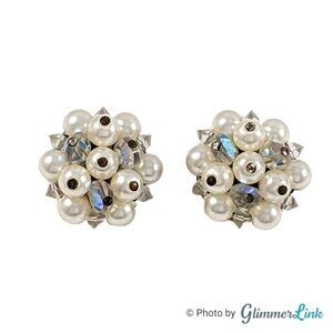 Vintage LAGUNA Faux Pearl Aurora Borealis Beaded Floral Cluster Clip On Earrings